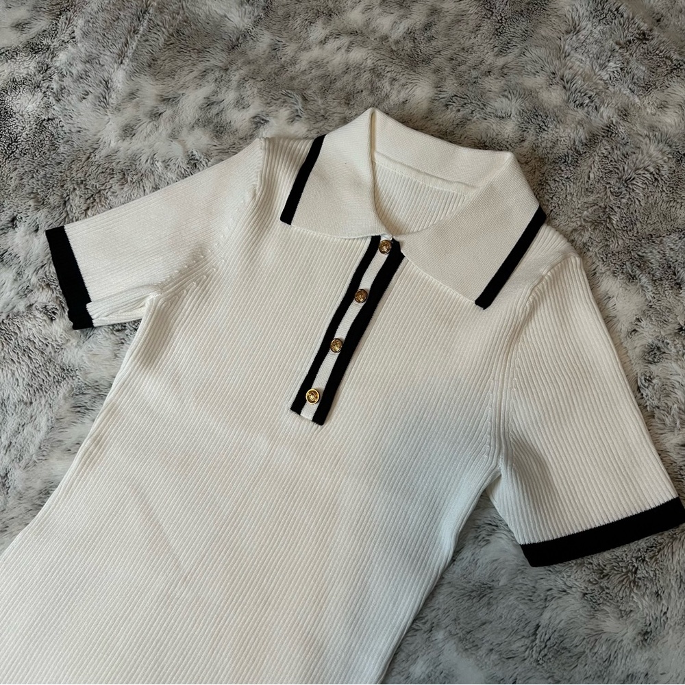 Commense Contrast Trim Metal Button Knit Top - White/Black - Size XS - NWT - Picture 5 of 8